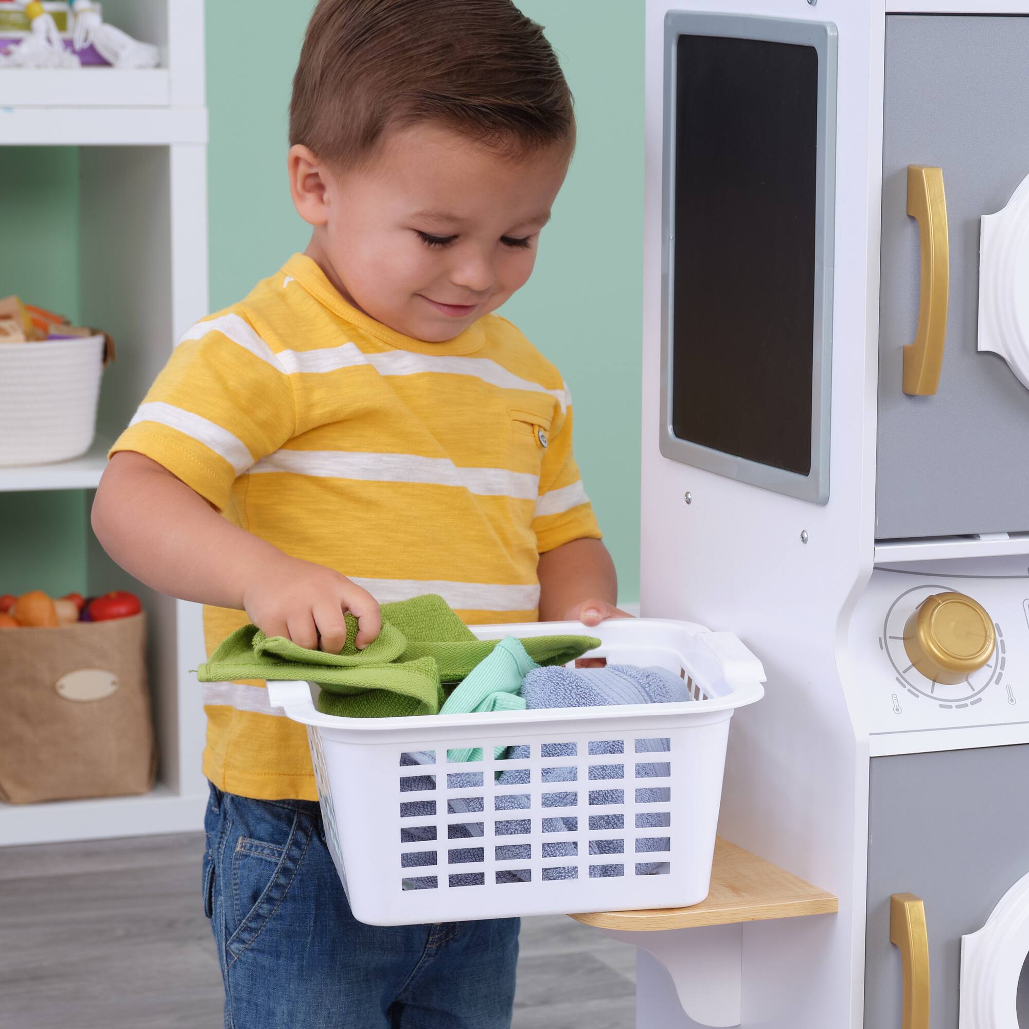 KidKraft White Wooden Laundry Play Set, Stacking Washer & Dryer with Iron & Basket